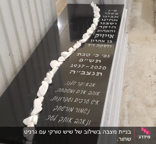 מצבה עם כיתוב בעברית ואבנים לבנות